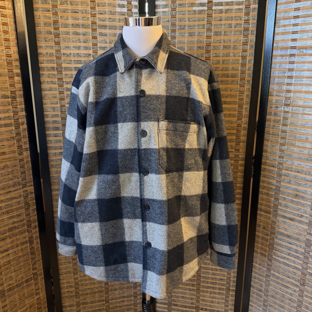Banana Republic Shirt Jacket Mens XXL Grey Blue Plaid Flannel Shacket Lined